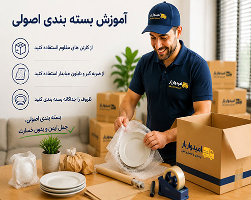 تمامی مراحل بسته بندی، بارگیری، تخلیه و چیدمان لوازم منزل را با آموزش‌های تخصصی سامانه امیدوار بار یاد بگیرید.